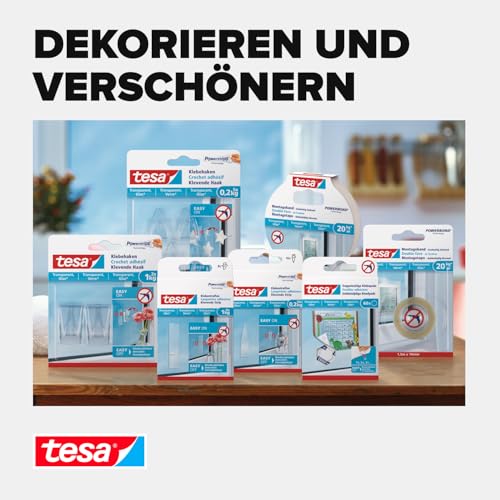 tesa Klebehaken für transparente Oberflächen und Glas (1 kg) - Durchsichtige, selbstklebende Haken - Bis zu 1 kg Halteleistung pro Haken, 2-er Pack