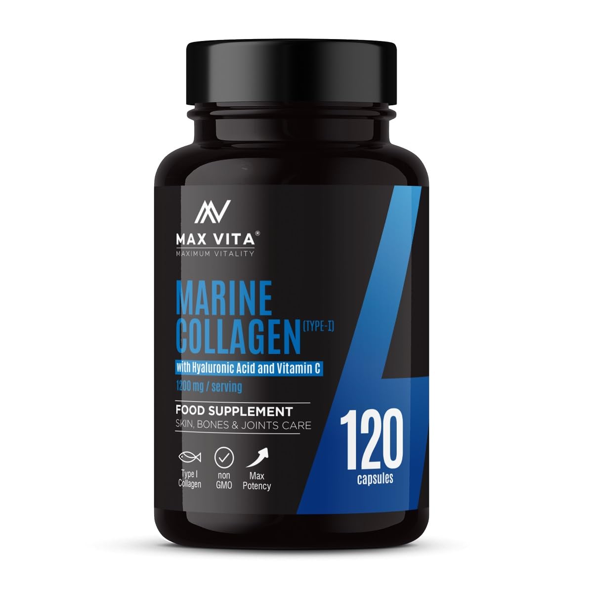 Marine Collagen Type 1 1200mg - 120 Capsules Supplement with Hyaluronic Acid and Vitamin C - High Strength Premium Hydrolysed Collagen Peptides Powder for Healthy Skin Bones & Joints Support