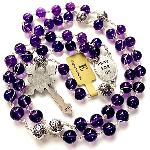 Elegantmedical Handmade Bali 925 Sterling Silver Beads Purple Amethyst Catholic Necklace Wire Wrap Rosary Cross #TOP4