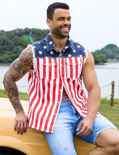 OeyFnbmO Men's Denim American Flag Retro Vest Stretch Sleeveless Jean Shirt Collar Slim Fit Lightweight3