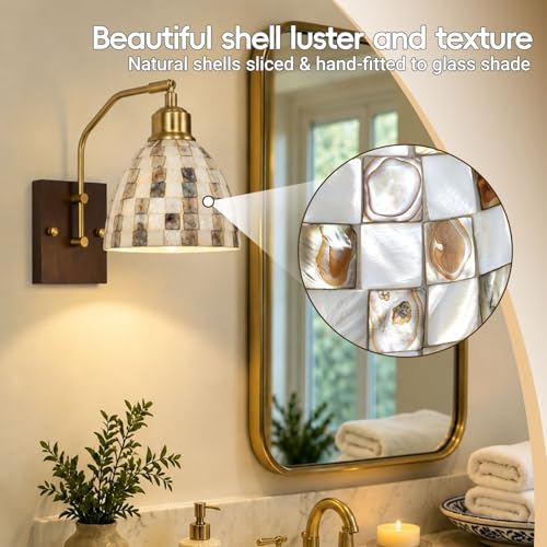 Image of Brass Natural Wood Wall Sconce with Shell Shade, Includes LED Bulb & Remote