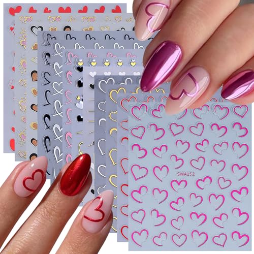 Heart Nail Stickers for Nail Art 12PCS 3D Hollow Heart Nail Decals Self-Adhesive Pink Purple Gold Silver Valentine's Day Stripe Design Nail Supplies for Women DIY Valentine Wedding Manicure Decoration