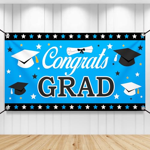 Image of KatchOn, XtraLarge Congrats Grad Banner - 72x44 Inch, Graduation Banner | Congratulations Backdrop | Blue and Black Congrats Grad Decoration | Graduation Decorations 2026