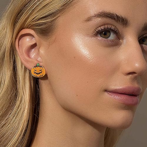 WOWORAMA Halloween Earrings Cute Pumpkin Earrings for Women Fun Crystal Pumpkin Stud Earrings Funny Smiling Face Pumpkin Drop Earrings Halloween Earrings Jewelry
