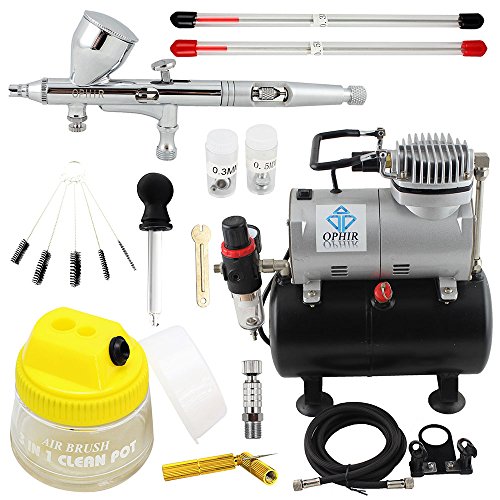 OPHIR 110V Pro Air Tank Compressor with 0.2mm 0.3mm 0.5mm Airbrush & Cleaning