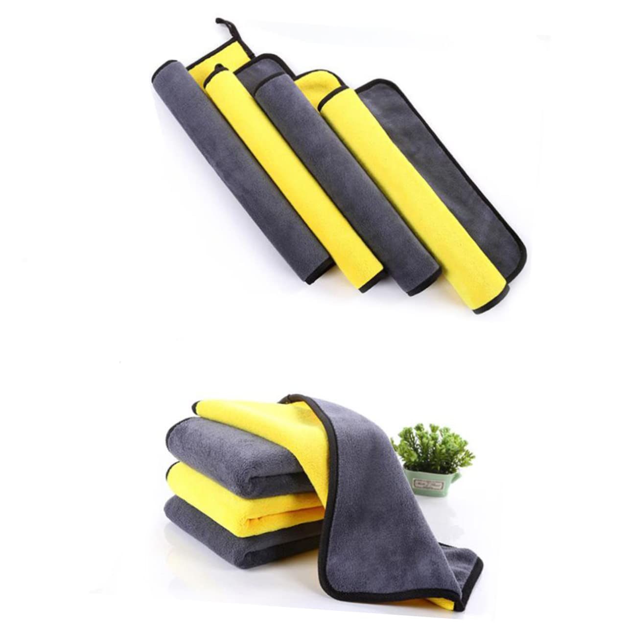 OUNONA 2Pcs Double Sided Microfiber Cleaning Cloths Thick Absorbent Car Wash Towels Portable Rags for Safe Cleaning of Cars Trucks Boats Rvs Yellow Gray