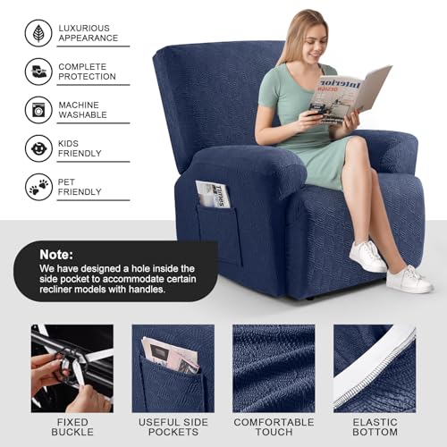 Image of Timeles Recliner Covers Extra Wide Recliner Chair Cover Reclining Sofa Slipcovers for Pet&Kid,Stretch Soft Washable (One-Seater Oversized, Navy Blue)