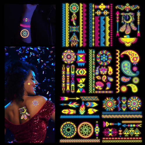 10 Hojas Neón Tatuajes Temporales, Neón Luminoso Tatuaje Temporal, Tatuajes Fiesta Luminoso, Tatuajes Fluorescentes Brillan Bajo Neon UV Luz Negra para Fiesta Festival