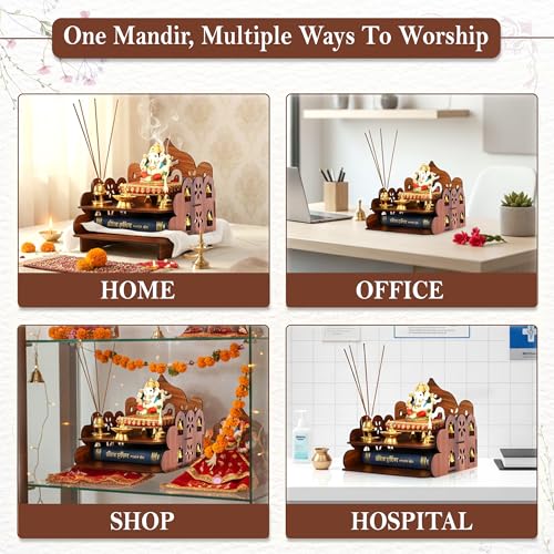 Image of GLUN Wooden Pooja Mandir Small Size | Wall Mount & Tabletop Stand | Decorative Temple with Bells for Home & Office