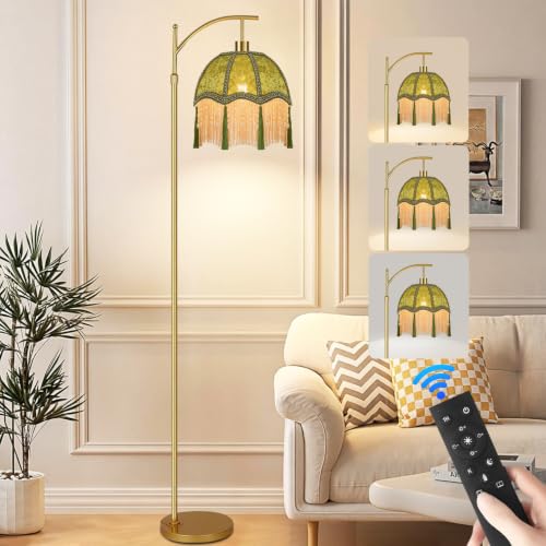 Image of Vintage Floor Lamps for Living Room Boho Rustic Floor Lamp with Remote Control & 3 Color Temperature,Dimmable Gold Floor Lamp Mid Century Modern Standing Lamp Fringe Green Tall Floor Lamp For Bedroom