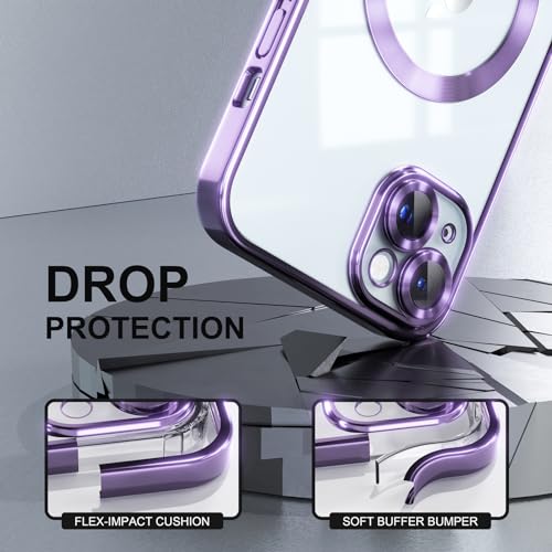 Image of Misea Magnetic for iPhone 15 Plus Case Compatible with MagSafe | [Never Yellowing] [Military Drop Protection] Full Camera Lens Protector Plating Soft Clear Phone Case for Women, Deep Purple