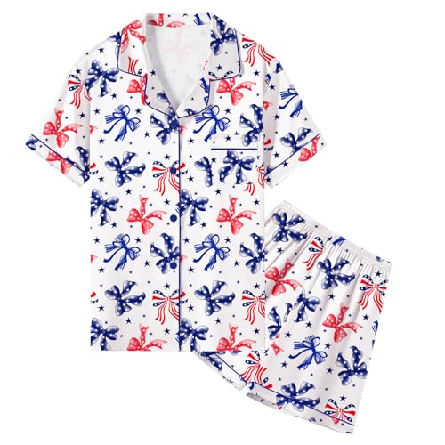 Image of Umeyda Women & Girls Pajamas Set, Soft Satin Lightweight Silk Button-Down Top with Shorts 2 Piece PJS for Mom Boys Kids Gifts