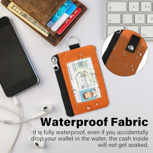 Image of Minimalist RFID Wallet with Lanyard, Multi-Functional ID Case with 2 Zipper Pockets and Key Chain for Men and Women, Tactical Badge Pouch Cards Holder, Coin Purse for Travel Sports - Orange