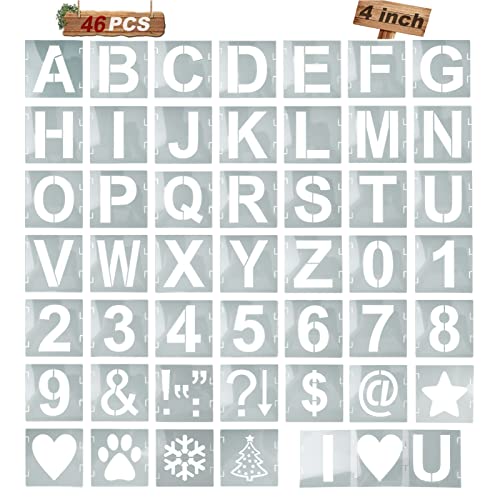46 Stück Wiederverwendbare Buchstaben Schablone Set, mit Mustern, Buchstaben, Zahlen und Symbolen, Kunststoff Kalligraphie Schablonen für DIY Malerei auf Wänden und Holz, Handkontobuch(4 Zoll) Cover