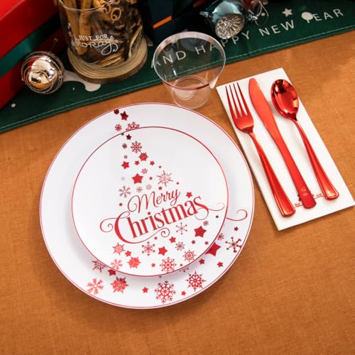Morejoy 175PCS Christmas Plastic Dinnerware Set - White/Red Plates & Red Plastic Silverware Include 25 Plates, 25 Cups, 25 Forks, 25 Knives, 25 Spoons, 25 Napkins Perfect for Holidays – Image 4