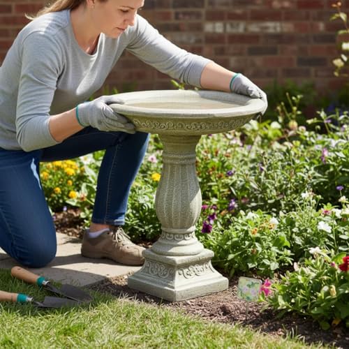 Image of SunJet 23.8 Inch High Concrete Bird Bath with Carved Pedestal - Birdbath Sturdy & Elegant Design, Stone-Like Texture, Attracts Birds and Enhances Garden, Patio, Yard, Lawn Decor