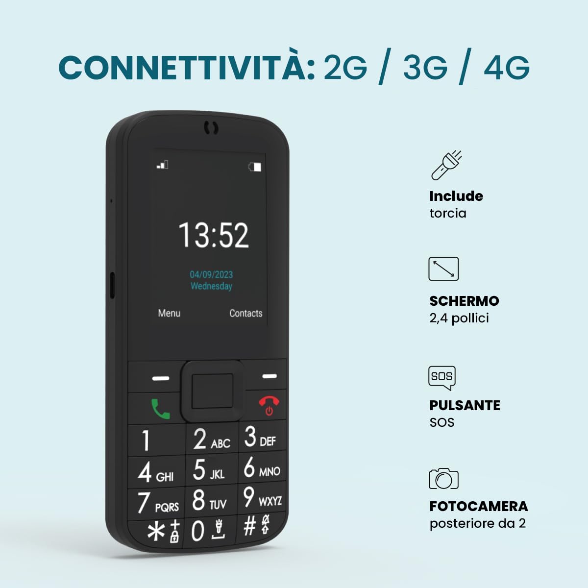 ADOC SP1 - Telefono cellulare per anziani, tasti e icone grandi, pulsante SOS, Android, 4G, Bluetooth, Wi-Fi, GPS, fotocamera, 1.400 mAh, microSD, torcia elettrica, jack 3.5", facile da usare, colore: