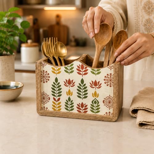 Image of The Earth Store Wooden Leafon Cutlery Holder 2 Division | 6 Inch White & Brown Spoon & Utensil Organizer | Table Top Kitchen Cutlery Stand for Dining Table & Counter Storage