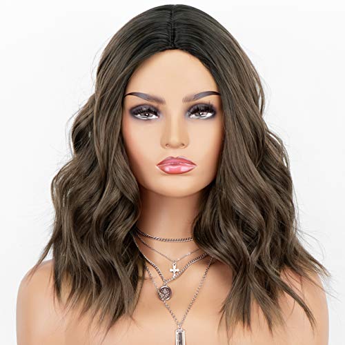 K'ryssma Brown Wig with Middle Parting Ombre Synthetic Wigs with Dark Roots Short Wavy Bob Wigs Heat Resistant