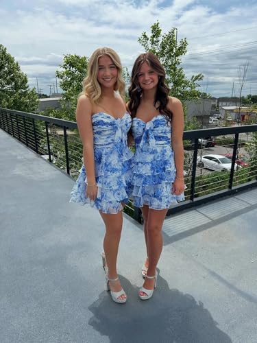 RYANTH Strapless Short Ruffle Homecoming Dresses for Teens 2025 Floral Chiffon Prom Dress Corset Cocktail Gowns with Bow3