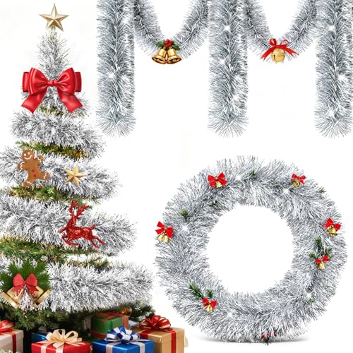 Ghirlanda Natalizia per Porta e Scale - 10M Argento Festoni Natalizi, Ghirlande Natalizie Lunghe per Camino, Ghirlanda Albero di Natale, Festone Natalizio Addobbi di Natale