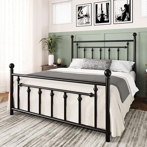 Image of Allewie 14'' Full Size Metal Platform Bed Frame, Vintage Headboard, Black | 50'' Tall Victorian Headboard /Footboard /Mattress Foundation /Under Bed Storage /No Box Spring Needed /Easy Assembly /Noise Free