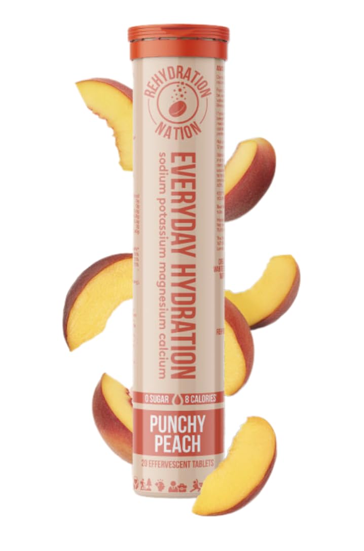 REHYDRATION NATION Punchy Peach Hydration Tablets - Sugar-Free Electrolytes for Everyday Hydration - Potassium, Calcium, Magnesium & Sodium - No Added Vitamins - Fast-Dissolving Vegan, 20 Servings