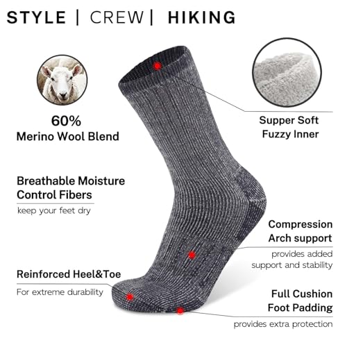 Image of Busy Socks 3 Pack Crew Merino Wool Hiking Socks for Men Women Winter Thick Warm Thermal Cushioned Moisture Wicking Boot Sock