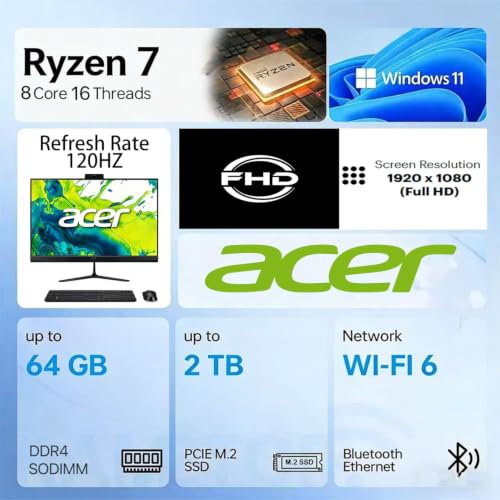 Image of Acer Aspire 27 inch IPS FHD All-in-One Desktop Computer | AMD 8-Core Ryzen 7 5825U (Up to 4.5GHz) | 120Hz Refresh Rate | 16GB RAM, 1TB SSD | WiFi 6E, Bluetooth 5.3 | Wireless KB & Mouse