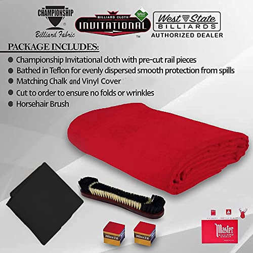Championship Invitational Pool Table Cloth Replacement Set for 8 FT Pool Tables Billiard Table Felt Bathed in Teflon with Horsehair Brush -Spots - Chalk - 6 pre-Cut Rail Pieces (Red)