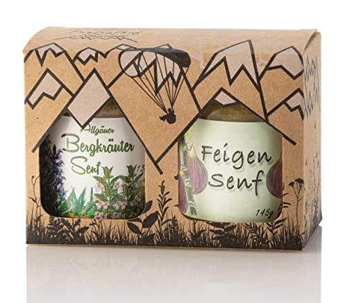 Puntzelhof Genuss-Box Senf - Feinkost Geschenk-Set: 150ml Bergkräutersenf und 150ml Feigensenf - Genuss aus dem Allgäu in der Geschenkbox