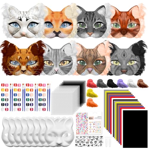 Blurap 124 PCS Therian Mask Kit Cat Masks to Dress Up DIY Therian Cat Mask Set with Fur Eye Mesh Stickers Furry Masks for Christmas Easter Crafts Masquerade Cosplay Party
