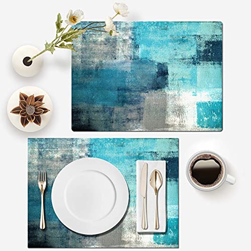 Mcalk Farmhouse Turquoise Table Runner And Placemats Set Of 6 Pieces,Teal Turquoise Placemats Modern Art,Blue Grey Abstract Art Cloth Place Mats For Kitchen,Linen Material For Dining Table thumb #2