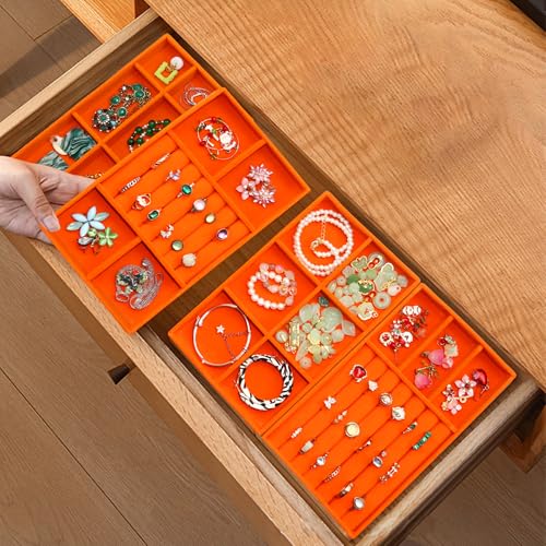 Jewelry Organizer Tray Stackable Velvet Jewelry Trays Drawer Inserts Earring Ring Necklace Organizer Display Case