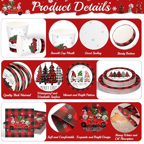 Christmas Plates Set Christmas Dinner Tableware Set Disposable 168Pcs Christmas Party Supplies for 24 Guests Buffalo Plaid Christmas Paper Plates Napkins Cups Plastic Forks Knives Spoons – Image 4