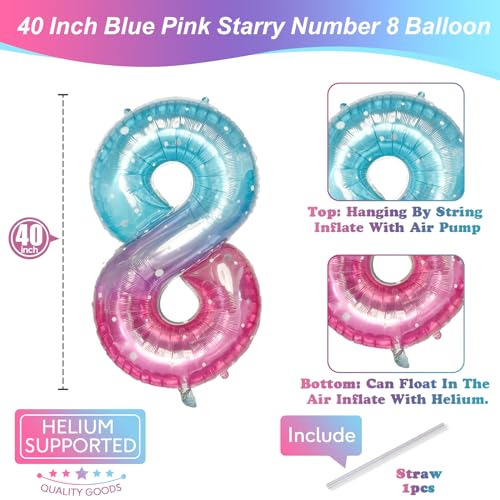 Image of Purple Teal Number 8 Balloons, 40 Inch Giant Mermaid Starry Mylar Foil Number 8 Ballon for Girls, Self Inflating 8th Birthday Helium Balloon for Women 8th Anniversary Party Decorations Supplies