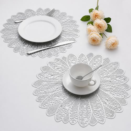 Image of Dakshya Industries Set of 2 Round PVC Table Placemats 38x38 cm - Waterproof, Heat Resistant Dining Mats (Silver)