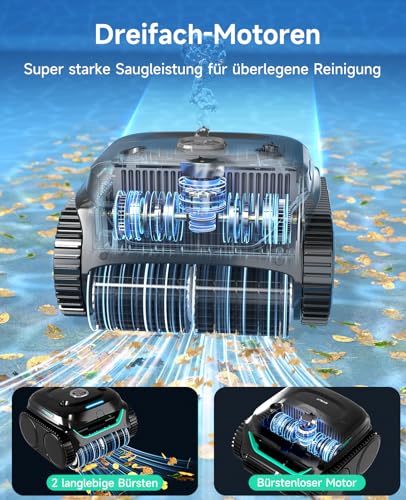 WYBOT C2 Poolroboter Akku Boden und Wand für Einbaupools bis 150㎡, Doppelfiltration, 3-Fach Motor, Starke Saugkraft, Wandkletter & Wasserlinie, 180 Min, App(Schwarz-Grün Grau) – Bild 4