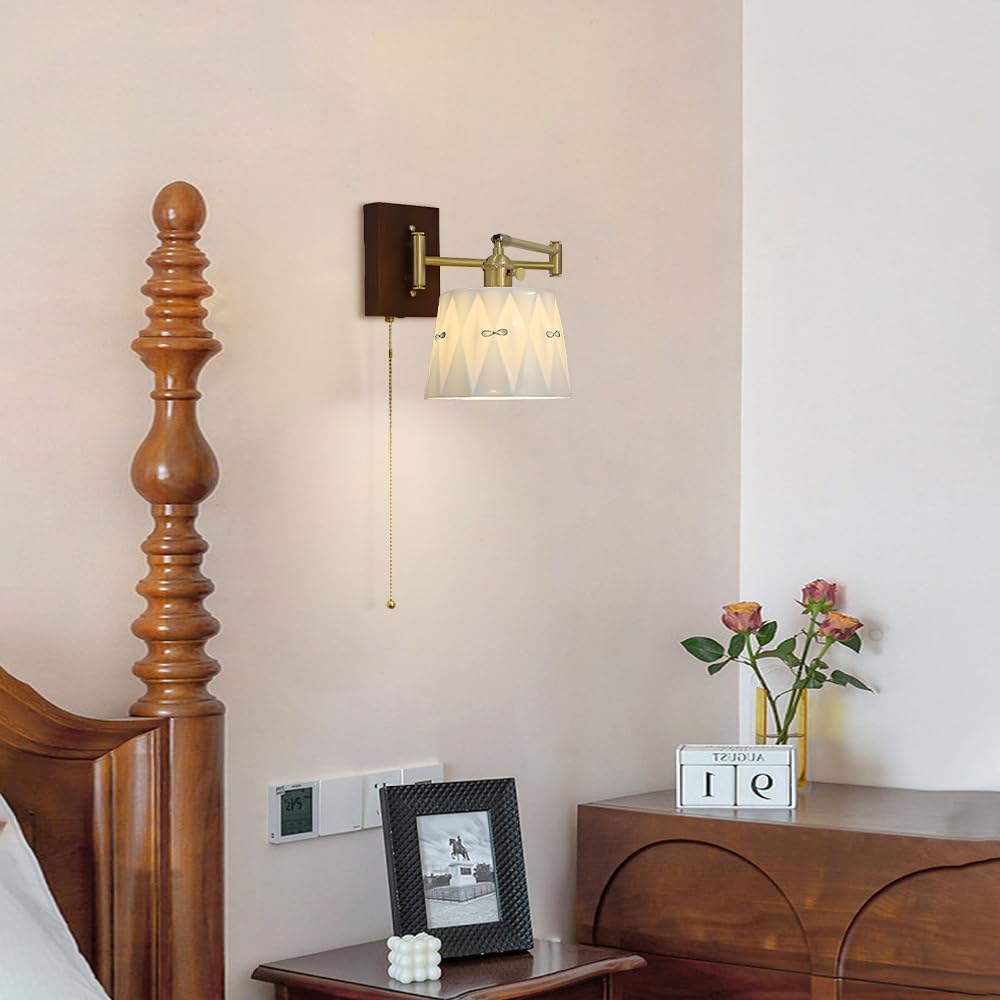 Ceramiczny kinkiet ścienny w stylu vintage z przełącznikiem sznurka, nowoczesna lampa ścienna z mosiądzu wahadłowego, kąt regulowany składany ramię kinkiet do sypialni stolik nocny życie (B)