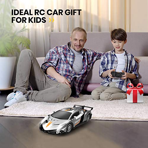 Holyton Remote Control Car 2.4GHz RC Cars for Kids and Toddler, 1/18 Scale Model Electric Vehicle with LED Lightning, 2 Rechargeable Batteries, Fast Car Toys for Boys and Girls, Color Silver - Thumbnail 2