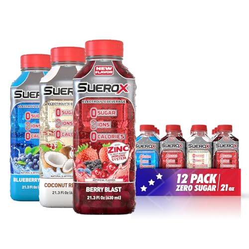 Image of SueroX Zero Sugar Electrolyte Drink Patriotic Pack: Blueberry, Coconut, Berry Flavors. Sugar-Free Hydration & Recovery with 8 Ions & Electrolytes. Zero Calorie Sports Drink, 21.3 Fl Oz, 12 Count.