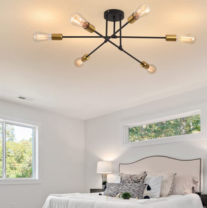 AOLALA Ceiling Light Chandeliers 6 Lights Modern Sputnik Ceiling Light Fitting, Industrial Semi Flush Mount Ceiling Lamp Gold and Black for Living Room Bedroom Kitchen Hallway Dining Room E27