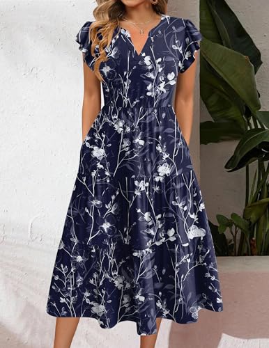 Image of ZEAGOO Womens Summer Casual Dresses Ruffle Sleeve V Neck Midi Dress Flowy Tiered Dress with Pockets Boho Sundresses