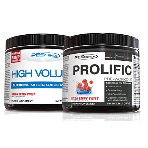 PEScience High Volume + Prolific Pre-Workout Stack, Powerful Nitric Oxide & Energy Supplement Bundle, Melon Berry