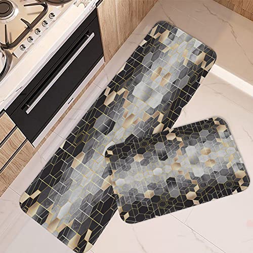 Tayney Geometric Kitchen Rugs And Mats Non Skid Washable Set Of 2, Black Grey Gold Grid Hexagon Kitchen Runner Rug, Modern Abstract Neutral Mats For Kitchen Under Sink Floor Decor #TOP2