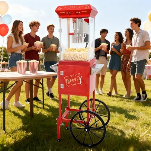 Image of Popcorn Machine with Cart 9oz - Retro Theater Style Popper Makes 36 Cups Per Batch, Stainless Steel Kettle & Wheels, for Home Movie Nights, Holiday Parties, School Events, Christmas Gift, Red