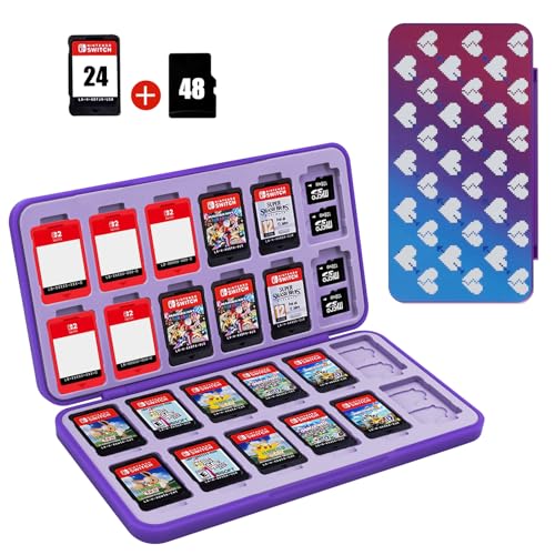 Image of FYY Nintendo Switch Game Case Holder for Switch 2 Cartridge Case with 24 Game Card Slots & 48 Micro SD Card Slots, Hard Shell, Silicone Lining Heart Pattern Blue