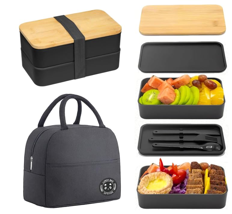 Dexpally Bento Lunchbox Erwachsene 1200ml Bento Box Japanisch 2-Stufige Bambusdeckel...