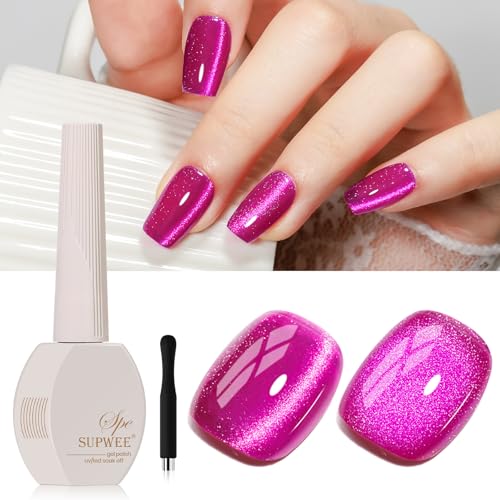 Hot Pink Cat Eye Gel Polish with Magnet 15ML Crystal Magnetic Cateye Gel Nail Nail Polish Holographic Glitter Shimmer Reflective Nail Polish with Magnet Soak Off Salon DIY at Home
