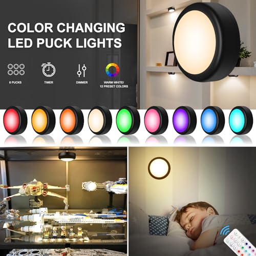 Image of BLS LED Puck Lights with Remote, RGB 13 Color Changing Under Cabinet Lighting Wireless, AA Battery Operated, Tap, Touch, Push Stick on Lights for Closet, Kitchen, Night, Dimmer & Timer, Black, 2 Pack